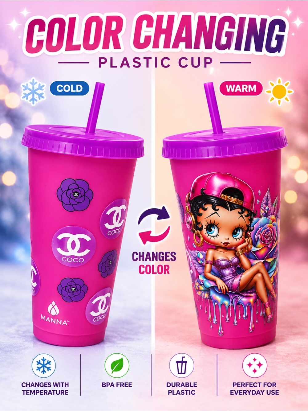 Betty Boop Pink and Purple Color-Changing Plastic Tumbler with Lid and Straw